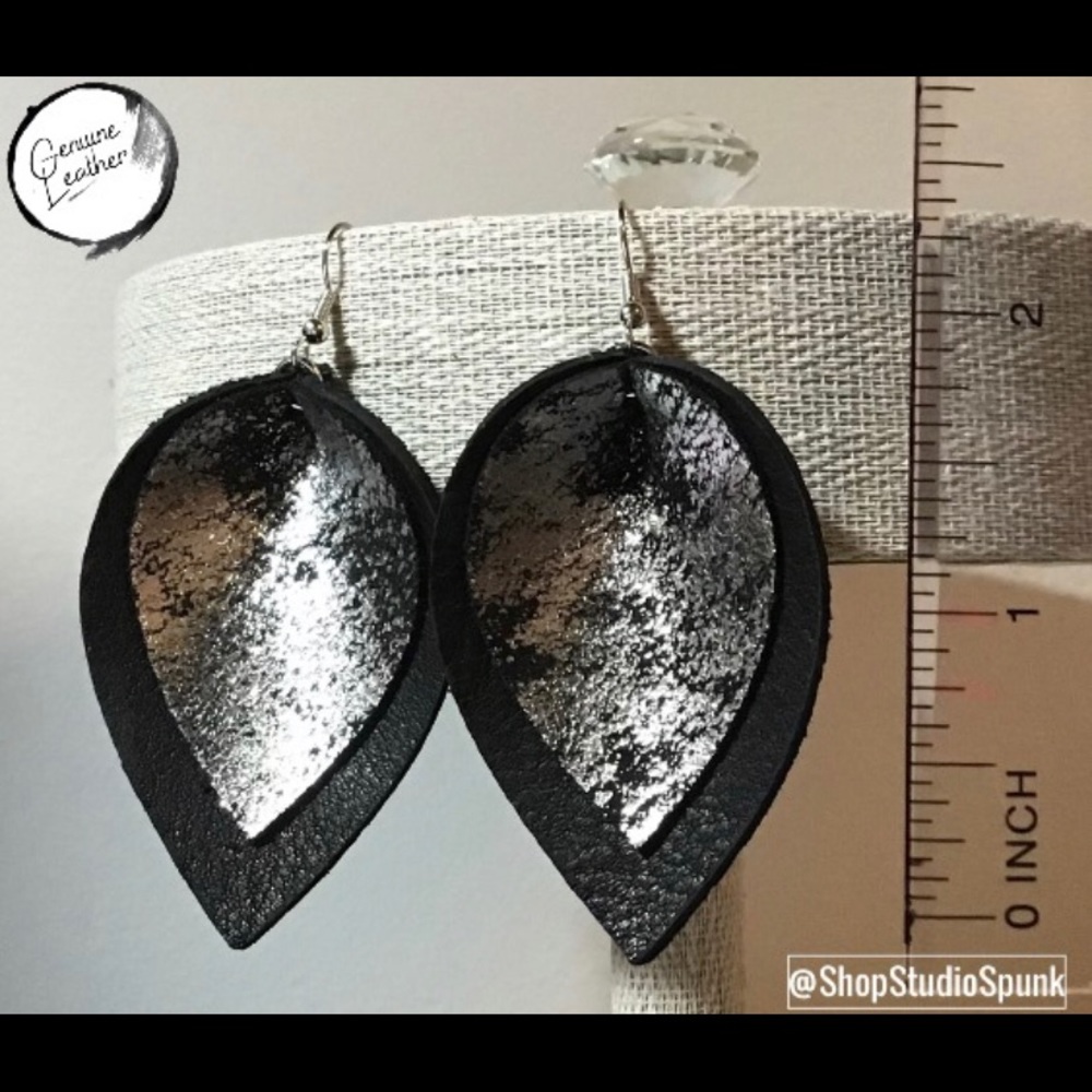 Genuine Leather Black & Silver Earrings